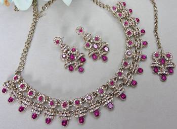 Pink yellow gold premium designer american diamond and stone work necklace set 3