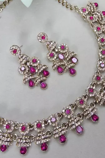 Pink yellow gold premium designer american diamond and stone work necklace set