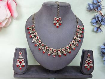 Red yellow gold premium designer american diamond and stone work necklace set 1