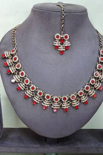 Red yellow gold premium designer american diamond and stone work necklace set