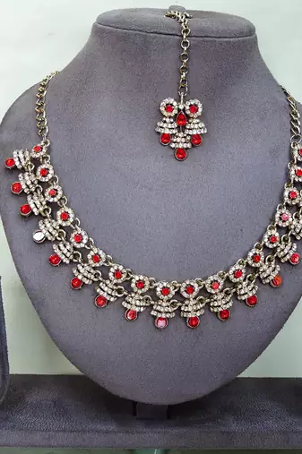 Red yellow gold premium designer american diamond and stone work necklace set