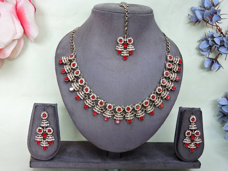 Red yellow gold premium designer american diamond and stone work necklace set