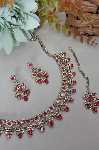 Red yellow gold premium designer american diamond and stone work necklace set