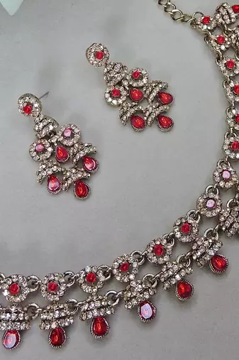 Red yellow gold premium designer american diamond and stone work necklace set