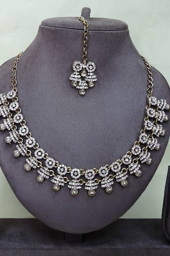White yellow gold premium designer american diamond and stone work necklace set