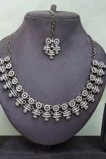 White yellow gold premium designer american diamond and stone work necklace set
