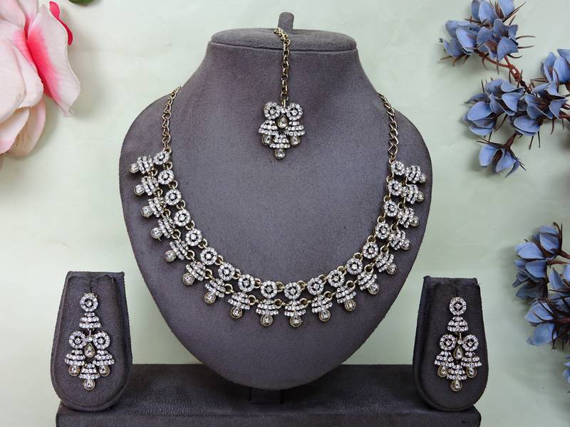White yellow gold premium designer american diamond and stone work necklace set