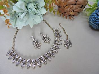 White yellow gold premium designer american diamond and stone work necklace set 2
