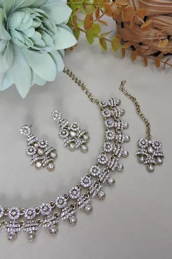 White yellow gold premium designer american diamond and stone work necklace set