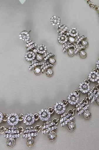 White yellow gold premium designer american diamond and stone work necklace set
