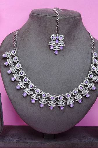 Purple rhodium premium designer american diamond and stone work necklace set