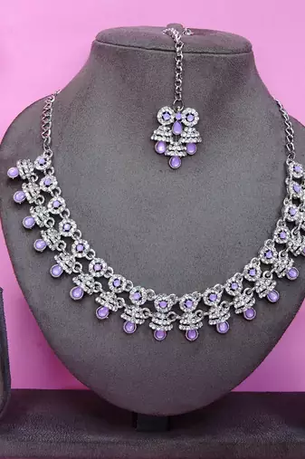 Purple rhodium premium designer american diamond and stone work necklace set