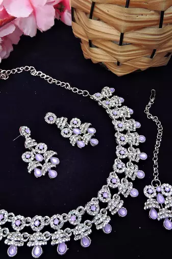 Purple rhodium premium designer american diamond and stone work necklace set