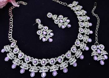 Purple rhodium premium designer american diamond and stone work necklace set 3