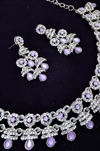 Purple rhodium premium designer american diamond and stone work necklace set