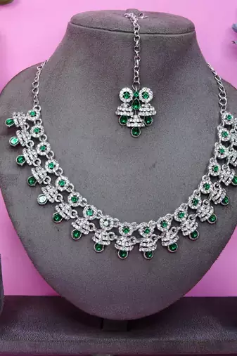 Green rhodium premium designer american diamond and stone work necklace set