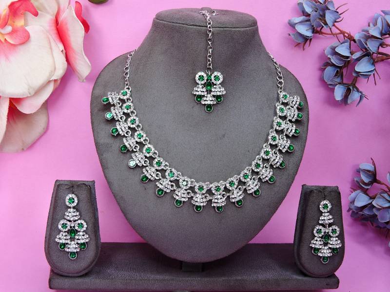 Green rhodium premium designer american diamond and stone work necklace set