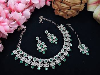 Green rhodium premium designer american diamond and stone work necklace set 2