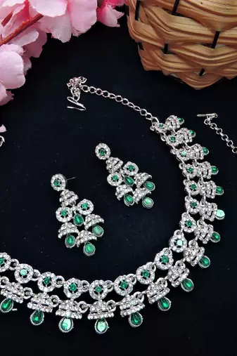 Green rhodium premium designer american diamond and stone work necklace set