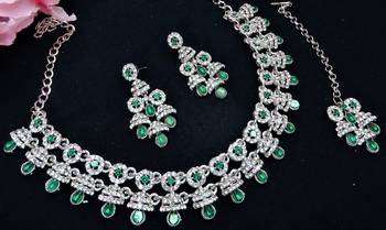 Green rhodium premium designer american diamond and stone work necklace set 3