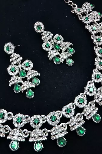 Green rhodium premium designer american diamond and stone work necklace set