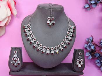 Maroon rhodium premium designer american diamond and stone work necklace set 1
