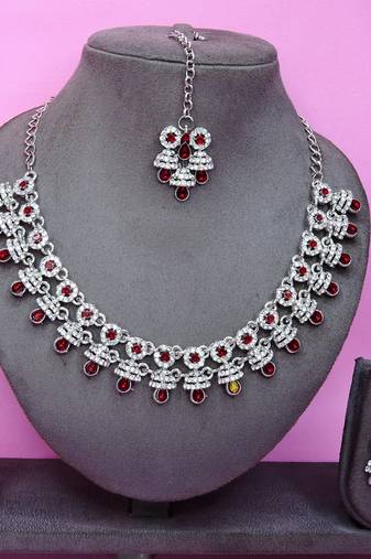Maroon rhodium premium designer american diamond and stone work necklace set