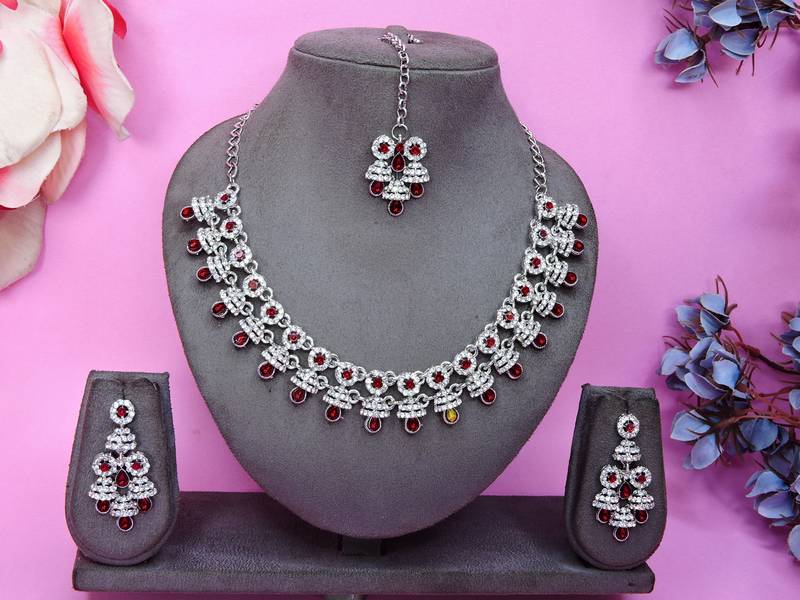 Maroon rhodium premium designer american diamond and stone work necklace set