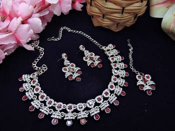 Maroon rhodium premium designer american diamond and stone work necklace set 2