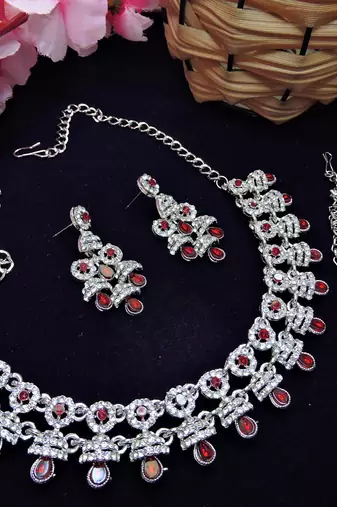 Maroon rhodium premium designer american diamond and stone work necklace set