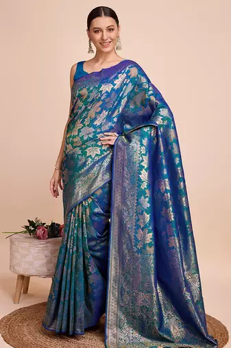 blue copper zari work silk blend saree with blouse