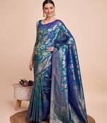 blue copper zari work silk blend saree with blouse