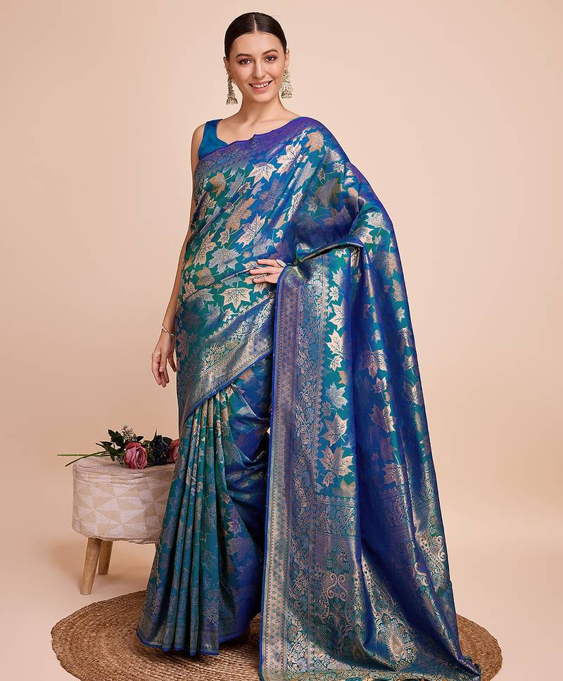 blue copper zari work silk blend saree with blouse