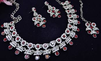 Maroon rhodium premium designer american diamond and stone work necklace set 3