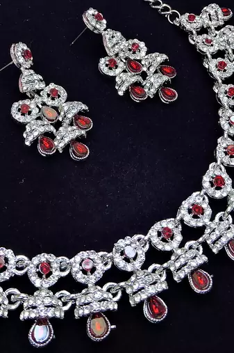 Maroon rhodium premium designer american diamond and stone work necklace set