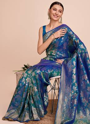 blue copper zari work silk blend saree with blouse 2