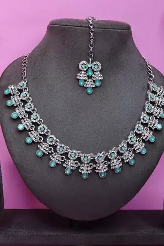 Green rhodium premium designer american diamond and stone work necklace set