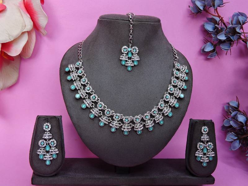 Green rhodium premium designer american diamond and stone work necklace set