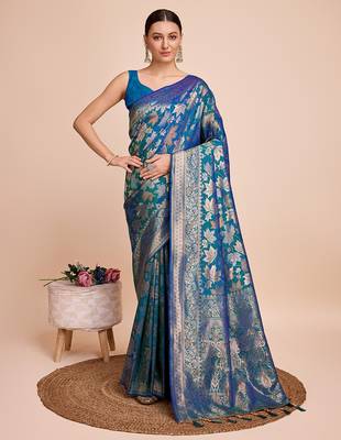 blue copper zari work silk blend saree with blouse 3