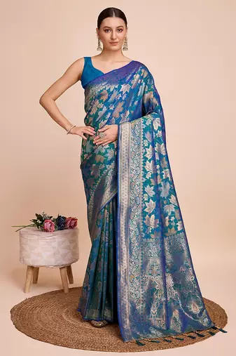 blue copper zari work silk blend saree with blouse