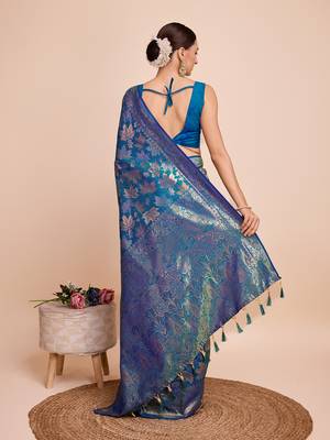 blue copper zari work silk blend saree with blouse 4