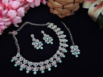 Green rhodium premium designer american diamond and stone work necklace set 2
