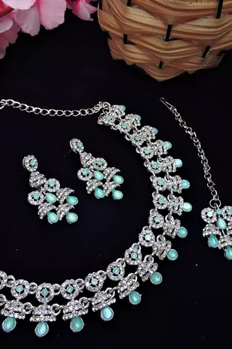 Green rhodium premium designer american diamond and stone work necklace set