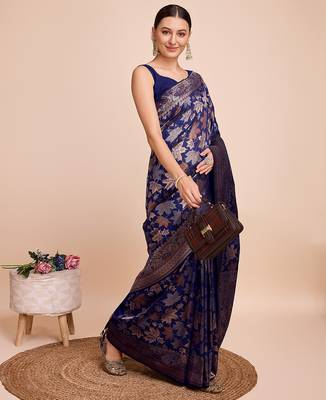 navy blue copper zari work silk blend saree with blouse 1