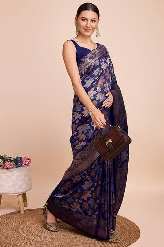 navy blue copper zari work silk blend saree with blouse