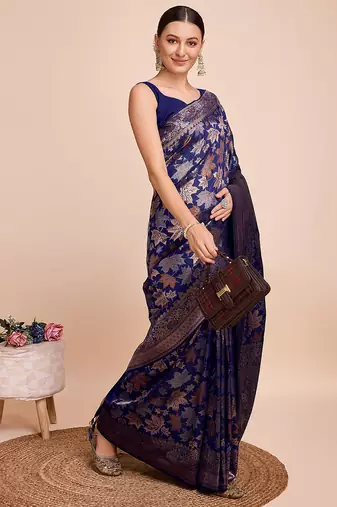 navy blue copper zari work silk blend saree with blouse
