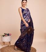 navy blue copper zari work silk blend saree with blouse