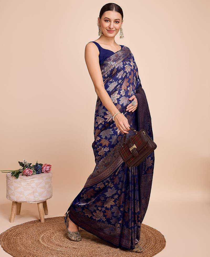 navy blue copper zari work silk blend saree with blouse