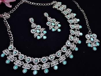 Green rhodium premium designer american diamond and stone work necklace set 3