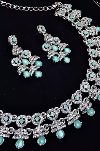 Green rhodium premium designer american diamond and stone work necklace set
